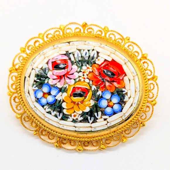 Jewelry - Vintage Gold Floral Micromosaic Brooch Made In Italy